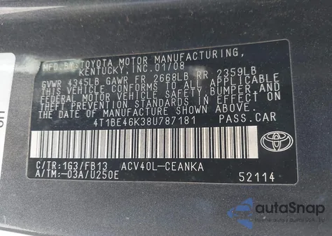 2008 Toyota Camry Le z USA, uszkodzony, nr VIN 4T1BE46K38U787181